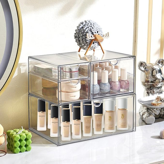 Prsildan Acrylic Drawer Makeup Organizer with 4 Drawers, Set of 2 Office Desk Organizers Accessories, Clear Stackable Storage Drawers for Vanity, Countertop, Craft, Jewelry, Art Supply Organization