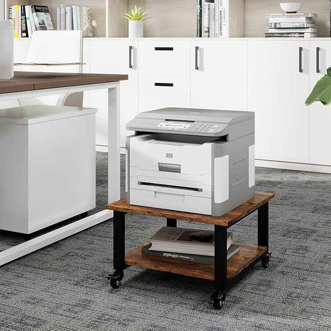 Natwind 2 Tier Laser Printer Stand,19.7''x19.7''x12.6'' Large Printer Table Copier Stand Under Desk,Heavy Duty Rolling Cart with Paper Storage Shelf,Printer Holder on Wheels for Home Office (Retro)