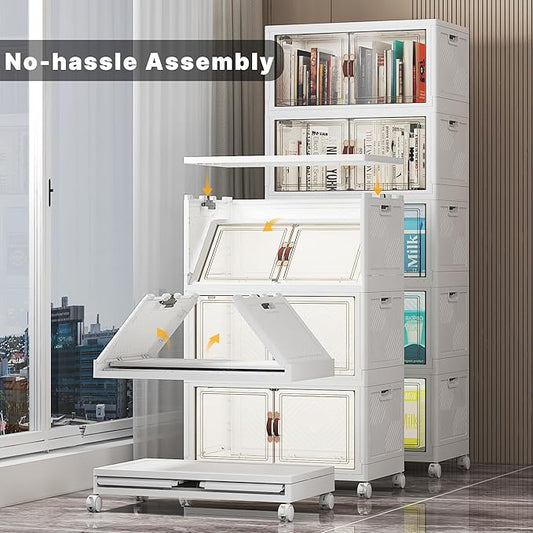 Extra Large Stackable Storage Bins with Lids & Wheels & Door, 260QT-52QT/13GAL*5Pack Foldable Collapsible Closet Organizers, Plastic containers drawers for bedroom Dorm