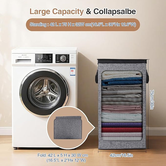 Collapsible Laundry Hamper with Lid 100L, Large Laundry Basket with Removable Mesh Bag for Bedroom, Bathroom,Closet, Dorm(Grey)