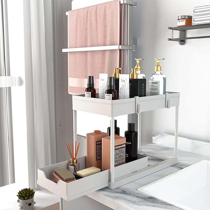 2 Pack Under Sink Organizer, 2 Tier Bathroom Cabinet Organizer with Sliding Basket, Multi-Purpose Under Sink Organizers and Storage for Bathroom Kitchen (White 2 Pack)