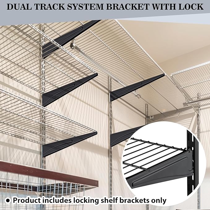 Adjustable Locking Shelf Bracket 16 Inch Shelf Brackets Heavy Duty Wire Shelving Brackets for Deep Wire Shelving Double Track System(Black,6 Pcs)
