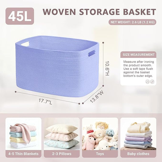 45L Small Baby Girls Laundry Basket for Nursery Storage,Cute Woven cotton Rope Baskets for Kids Toy,Gifts, Boho Square Wicker Blanket hamper for Living Room,Bedroom Dirty Clothes,Blue Purple