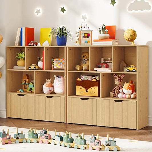 HOOBRO Toy Storage Organizer, Toy Organizers and Storage with 2 Movable Drawers and 5 Cubbies, Kids Bookshelf and Toy Storage for Books or Dolls, Toy Shelf for Playroom, Natural NL88CW01