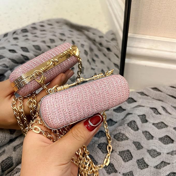 MIAO JIN Mini Crystal Lipstick Case Bling Rhinestone Cosmetic Storage bag with Metal chain Lipstick Storage Holder Makeup jewelry case(Pink)