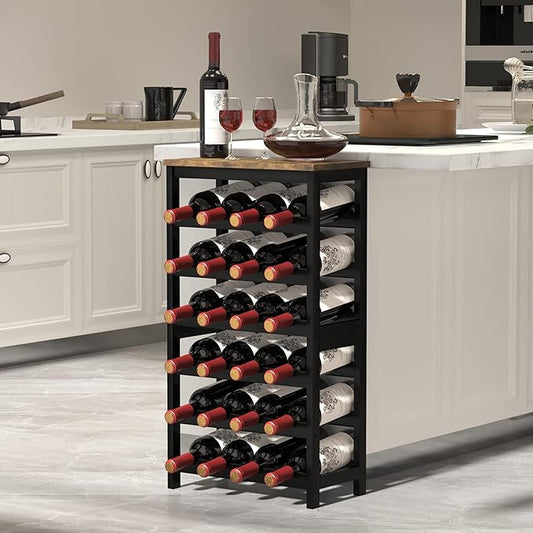 6 Tier Bamboo Wine Rack Freestanding Floor, 24 Bottles Wine Storage Shelves with Table Top, Stackable Wine Display Rack for Kitchen, Bar, Dining Room, Rustic Brown and Black
