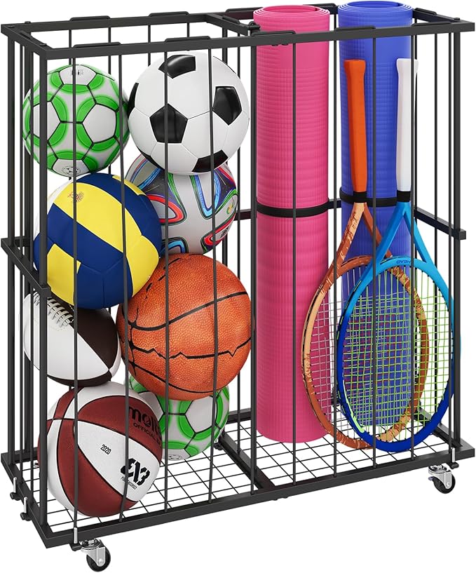 Large Garage Ball Storage, Rolling Floor Sports Equipment Organizer: Freestanding Ball Rack with Elastic Ropeβ, Ball Holder for Basketball, Soccer, Football, Volleyball, Garage, Gym, Black
