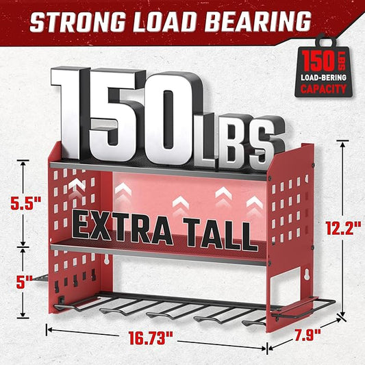 Power Tool Organizer, Heavy Duty Wall Mount Tool Organizer 3 Layers with 4 Drill Holders, Garage Tools Storage Rack with 2 Side Pegboards and Hooks for Workshop, Shed, Red