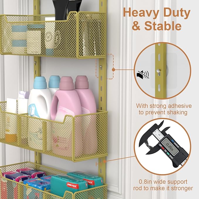 Over The Door Organizer, Metal Door Organizer Hanging with 5 Adjustable Baskets and Coat Hook, Behind The Door Storage for Bedroom Closet Bathroom Pantry Cabinet Kitchen, Gold