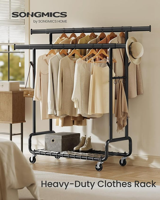 SONGMICS Clothes Rack, Heavy-Duty Rolling Clothing Garment Rack with Wheels, Extendable Double Hanging Rods and Adjustable Height, Portable, with Shelf and Hooks, Ink Black UHSR015B01