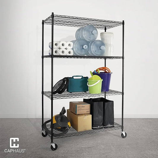 CAPHAUS 4-Tier Heavy Duty Adjustable Height Wire Shelving Unit w/Wheels & Leveling Feet, Metal Steel Shelf, Garage Shelving, Utility Rack Storage, 48" W