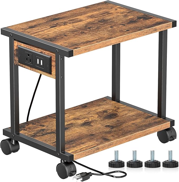2-Tier Printer Table with Charging Station for Home Office Organization - Small Stand with Wheels for Scanner, Under or Beside Desk Storage Cart - Rustic Brown