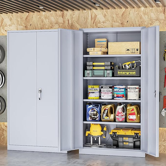 Bonusall Tool Garage Cabinet with Lock, 2 Doors Metal Storage Cabinets with 4 Adjustable Shelves, Lockable Steel Cabinet for Home Office, Warehouse,School(Cement Grey)