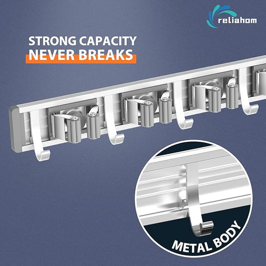 reliahom Adjustable Broom Holder Wall Mount, Mop Storage Tool Racks, Broom Hanger Tool Organizer for Garage, Kitchen, Garden, Laundry Room, 4 Racks 5 Hooks Silver