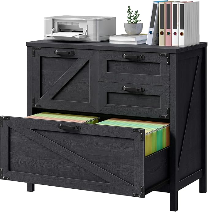 Vabches Wood Lateral File Cabinet with 4-Drawer for Hanging Files Letter/A4/Legal Size, Large Farmhouse Filing Cabinets for Home Office, Printer Stand with Office Cabinet, Office Furniture, Black