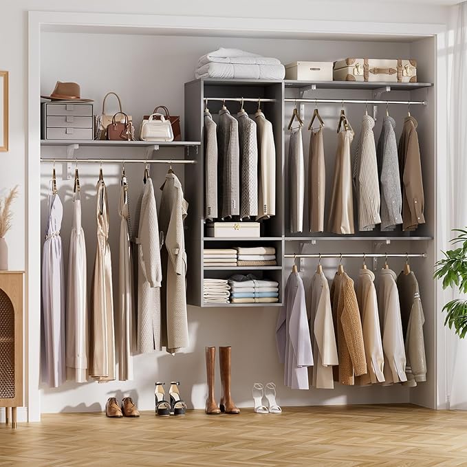 Cyclysio 96 Inch Closet System, 8 FT Hanging Closet Organizer System, Walk in Closet System with 4 Adjustable Rods and 3 Shelving Towers for 4-8FT Spaces(Cut-to-Fit), Gray