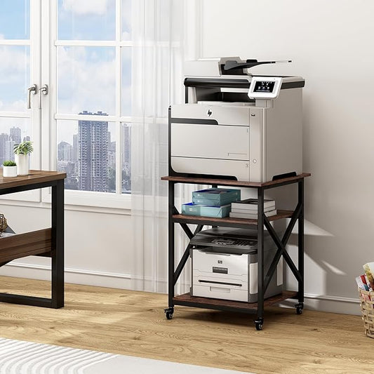 23.6 x 23.6 Inches Large Printer Stand, 3 Tier Square Printer Table with Height Adjustable Storage Shelf, Rolling Printer Cart with Industrial Wheels for Home Office - Rustic Brown