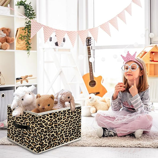 Brown Leopard Print Storage Bin Box with Handles, Cheetah Room Decor, Girly Y2k Wild Western Cheetah Foldable Organizer Basket Toybox for Girls Dorm Bedroom Bathroom Clothes Toys Books