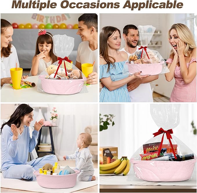 Small Baskets for Gifts Empty, 13"x 9"x 5" Woven Gift Basket with Bag and Ribbon, Cotton Rope Kids Dog Cat Toy Bin Box, Cute Baby Nursery Organizer, Decorative Storage with Handles (Pink)