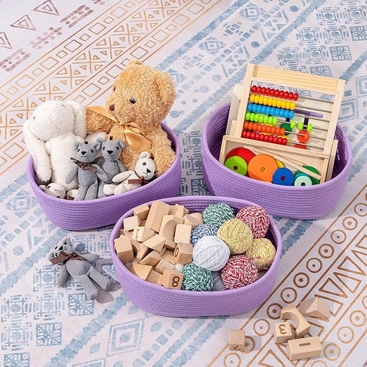 CubesLand Small Storage Baskets for Shelves, Closet Organization Storage Bins Empty Gift Basket 3 Packs Baby Nursery Woven Baskets for Organizing, Rectangular Clothes Closet Shelves Baskets Purple