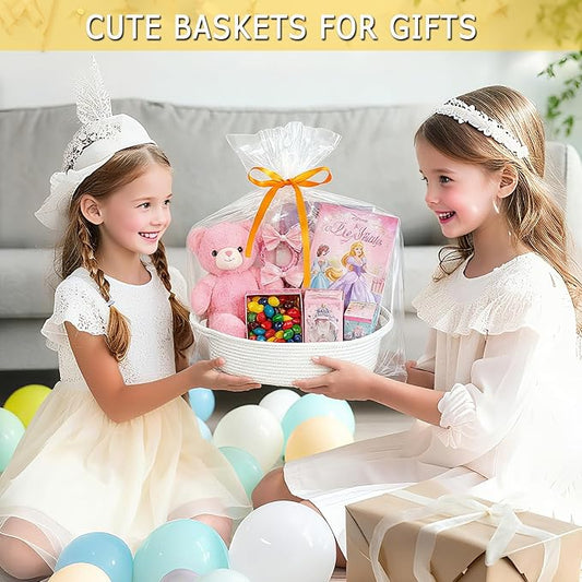 Gift Basket Empty, Small Woven Storage Basket with Gift Bags & Ribbons, Cotton Rope Room Shelf Storage Basket with Handle for Organizer Nursery Bins or Baby Shower 12" x 8" x 5" (White, 3 Pack)