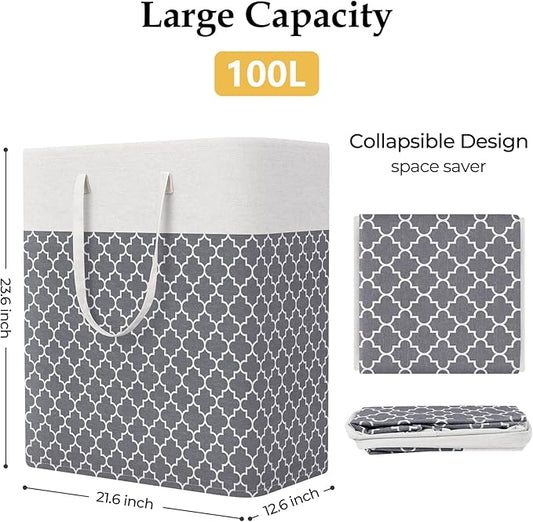 StorageRight Laundry Basket Hamper Large Collapsible Laundry Hamper with Easy Carry Handles,Freestanding Clothes Hampers for Laundry, Bedroom, Dorm, Clothes, Towels, 100L, Clover Grey