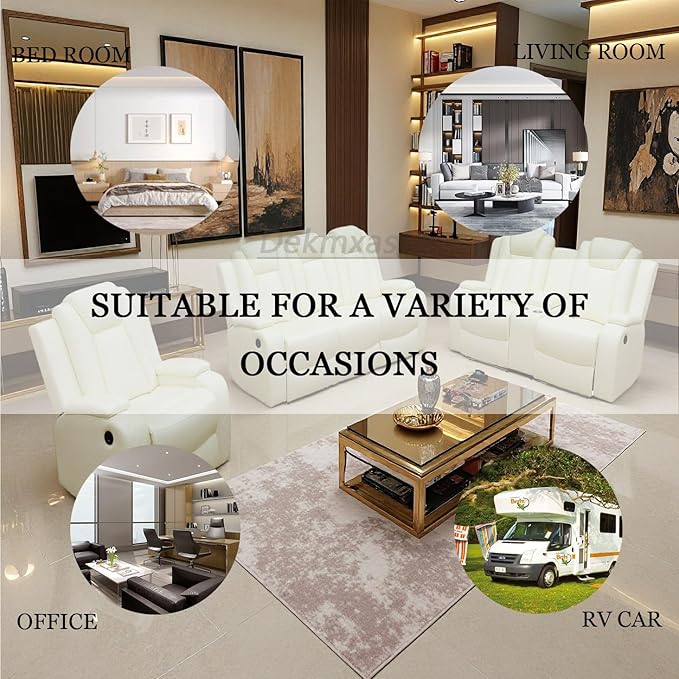Power Reclining Sofa Set, Recliner Sofa Set, Ivory White Power Leather Reclining Loveseat Recliner for Living Room Furniture Set with Storage Console & Cup Holder for RV/Living Room