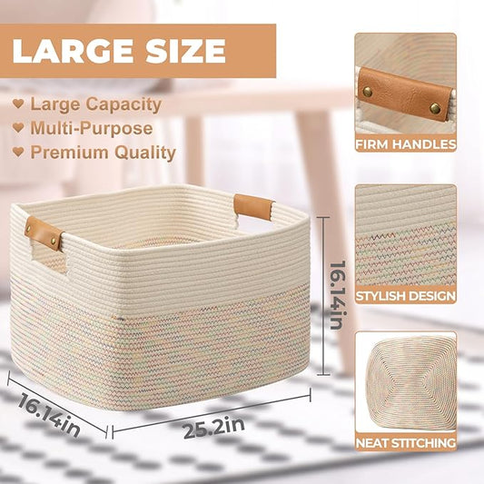 danpinera 108L Large Basket for Living Room, Boho Decorative Basket Organizing with Handles, Cotton Rope Storage for Toys, Pillows, Clothes, 25’’*16’’*16’’ Rainbow