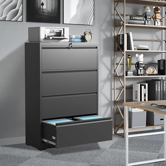 4 Drawer File Cabinets,Metal Office Storage Filing Cabinet with Lock,Black Lateral Filing Cabinet for Home Office,Horizontal Locking File Cabinet for Legal/Letter/A4,Assembly Require,Black