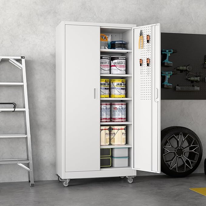 71" H Garage Storage Cabinet with Wheel, Metal Storage Cabinet with Doors,5 Adjustable Shelves and Pegboard for Garage Home Office,Required Assembly,White,71" H×32" W×16" D