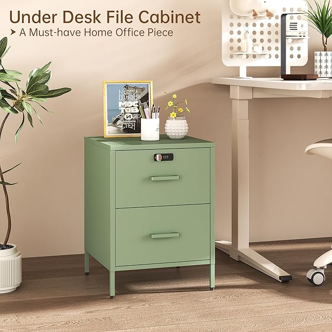 2 Drawer End Side Table with Lock Metal Nightstand, Lockable Storage Cabinet Kids Cabinet for Living Room, Bedroom, Dorm, 21.26”H X 15.75”W X 15.75”D (2 Drawer, Green)