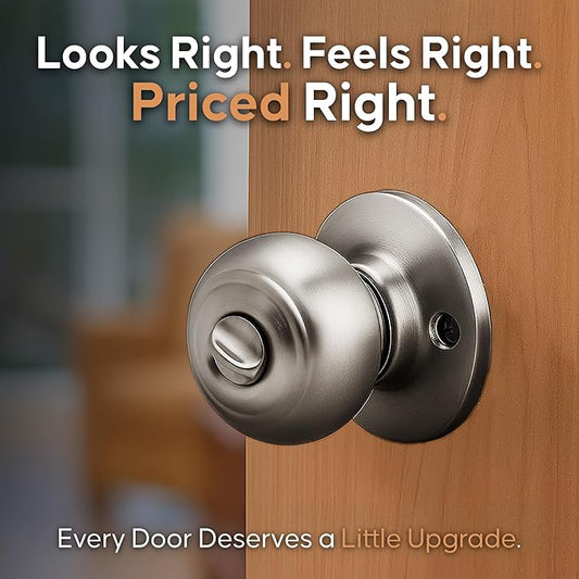 Copper Creek Polished Stainless Door Knobs - Round Colonial Knob with Privacy Locking Function for Home Improvement, 1 Pack - Fits All Standard Doors - Locking Door Knob for Bedroom and Bathroom Use
