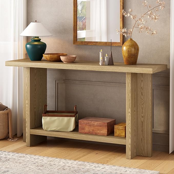 60-Inch Long Vintage-Inspired ConsoleTable with T-Leg Design, 2-Tier Entryway Table Sofa Table with Storage for Study, Entryway, Hallway, Living Room (Natural-V19)