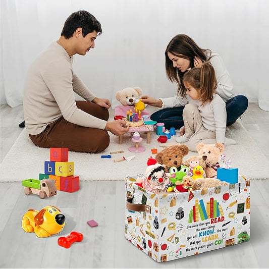 Reading Book Rectangle Storage Basket - Book Themed Collection Collapsible Storage Baskets with Handles - Reading Books Pattern Storages Bin for Kids Clothes, Gifts, Books,Toys