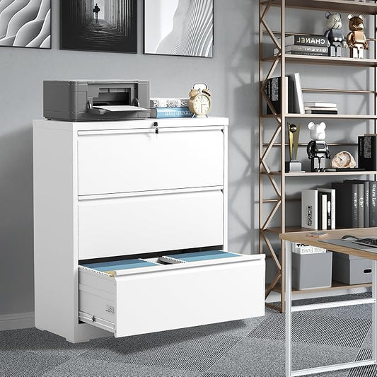 File Cabinets 3 Drawer,Metal Office Storage Filing Cabinet with Lock,White Lateral Filing Cabinet for Home Office,Horizontal Locking File Cabinets for Legal/Letter/A4 Files,Assembly Require