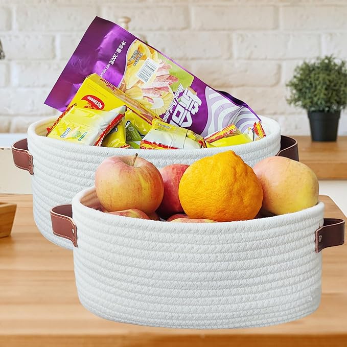 ABenkle Small White Basket with Handle, Soft Woven Storage Bins Baskets for Cat and Dog Toys Organizer, Decorative Shelves Closet Organizing Basket Chest Box, Empty Gift Baskets