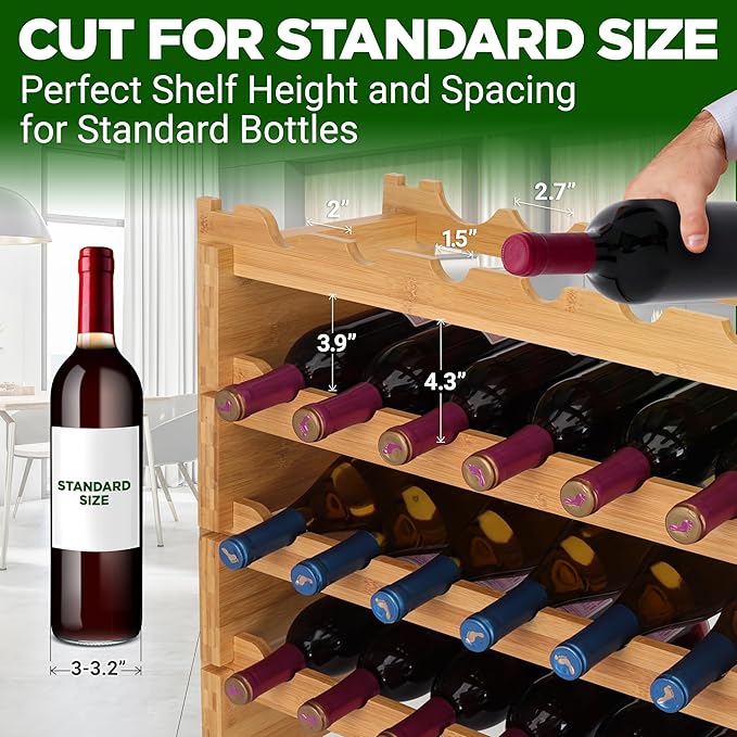 NutriChef 72 Bottle Wine Rack Stackable Bamboo Freestanding, 8-Tier Modular Shelf, Sturdy Wobble Free, Upgraded 2026 Design, Easy No-Tool Assembly for Kitchen, Cellar or Bar Storage 33.5" x 10" x 41"