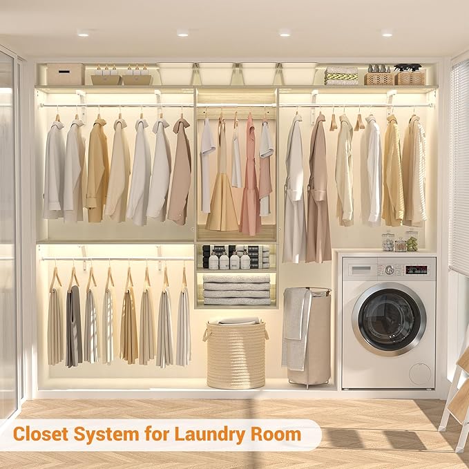 96 Inch Hanging Closet System, 8 FT Closet Organizer System with Hanging Rod, Walk In Mounted Closet System, Built-In Clothes Garment Rack with 3 Shelving Towers(Can Be Cut To Fit), Oak