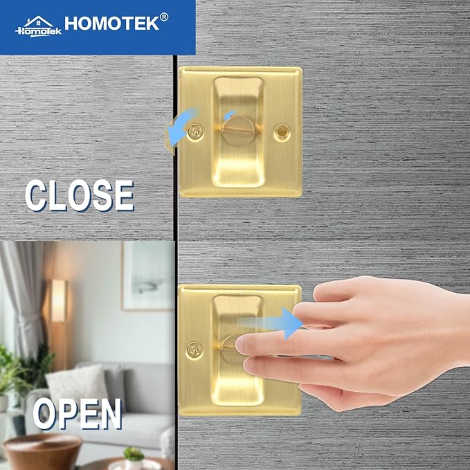 HOMOTEK 4 Pack Privacy Sliding Door Lock with Pull - Replace Old Or Damaged Pocket Door Locks Hardware Quickly and Easily, 2-3/4”x2-1/2”, for 1-3/8” Thickness Door, Brushed Brass
