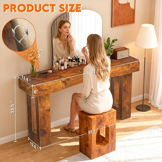 63 Inch Long Entryway Table Hollow, Wooden Console Table with Socket Farmhouse Sofa Table for Entrance, Hallway, Living Room,Behind Couch(Rustic Brown)