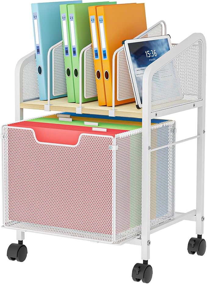 Rolling File Cabinet with Adjustable Dividers, Mobile Filing Cabinet with Storage Drawer on Lockable Wheels, Hanging File Organizer Beside Under Desk for Office, Home, White(Patent Pending)