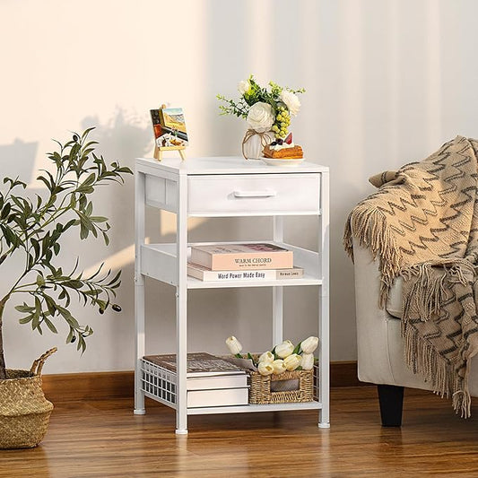 Lerliuo White Printer Stand with Fabric Drawer, 3 Tier Industrial Side Table, Modern Small Printer Desk Holder with Storage Shelf,Multi-Functional Bedside Tables for Home Office Fax Machine Scanner