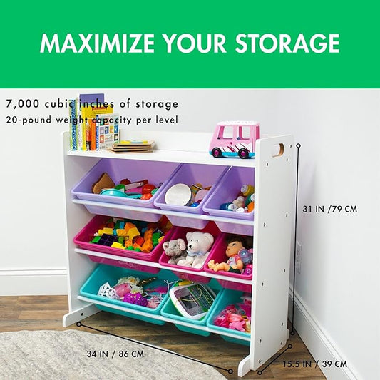 Humble Crew Crafts and Toy Storage Organizer with Top Shelf and 9 Removable Bins, White/Pink/Purple/Aqua Toddler Bookshelf with Organizer - Modern Rack Ideal for Kids' Rooms, Playrooms, and Nurseries