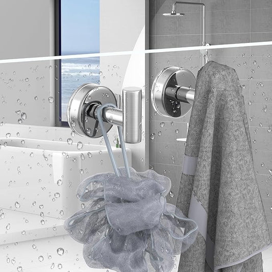 Suction Cup Hooks for Shower, Shower Hooks for Hanging Towels, Robes, Bath Balls, Stainless Steel Towel Hooks for Bathroom Wall, Glass Door, Kitchen, Mirror, Tile (2 Pack,Silver)