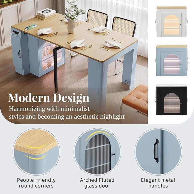 Extendable Dining Table with Storage Cabinet, 15.6" to 59" Rolling Kitchen Island Table with Power Outlet & LED Lights, Space Saving Dining Table for Small Spaces, Blue