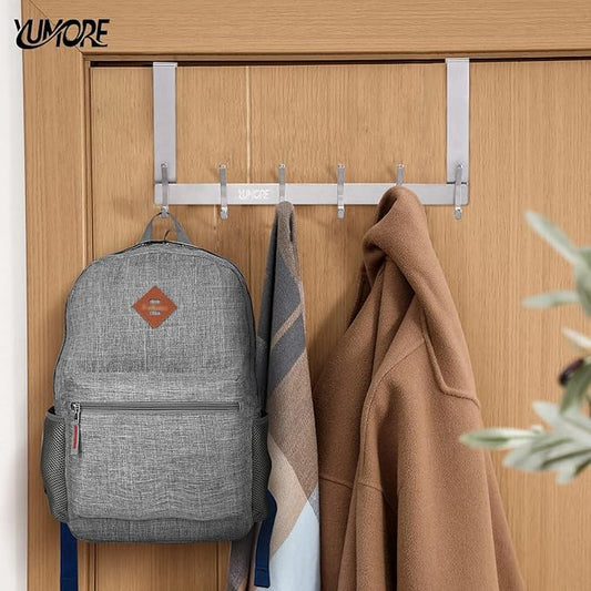 YUMORE Over The Door Hooks, SUS304 Stainless Steel Heavy Duty Door Hanger for Coats Robes Hats Clothes Towels, Hanging Towel Rack Organizer, Easy Install Space Saving Bathroom Hooks, Brushed Finish