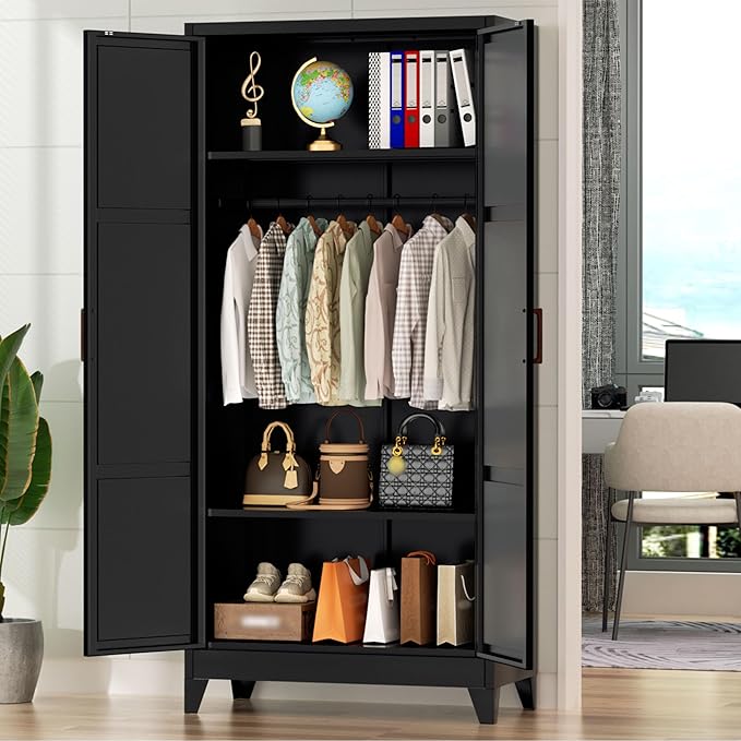 Bonusall 71" Metal Wardrobe,Steel Wardrobe Closet with Hanging Rod & Adjustable Shelves,Metal Storage Cabinet with 2 doors, Decorative Metal Closet with Handles for Bedroom,Home Office Entryway, Black