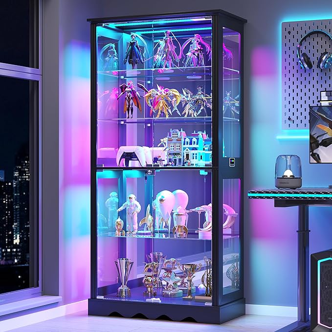 Glass Display Cabinet with Doors, RGB Curio Cabinet with LED Lights for Collectibles, Display Case with Adjustable Shelf, Black