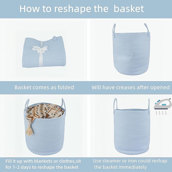 Cotton Rope Laundry Basket Hamper for Clothes Woven Storage Basket for Living Room Bedroom Boho Tall Rope Baskets for Blanket Toys Pillow Towels Baby Nursery Hamper Bin light blue Large