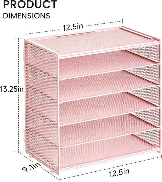 6 Tier Paper Organizer, Metal Mesh Desk File Folder, Letter Tray Organizer, Paper Sorter Desk Organizers for Office, Home or School File Folder Holder - Pink